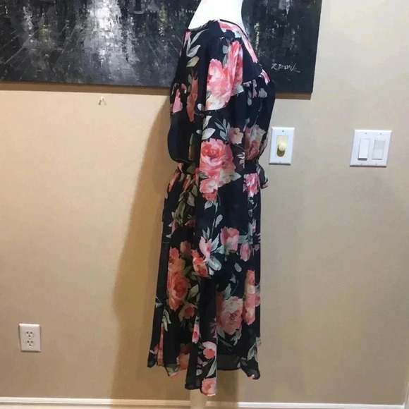 Kate and Lily Long Sleeve Blue and Pink Floral Midi A-Line Dress-Size 12 - Picture 4 of 12